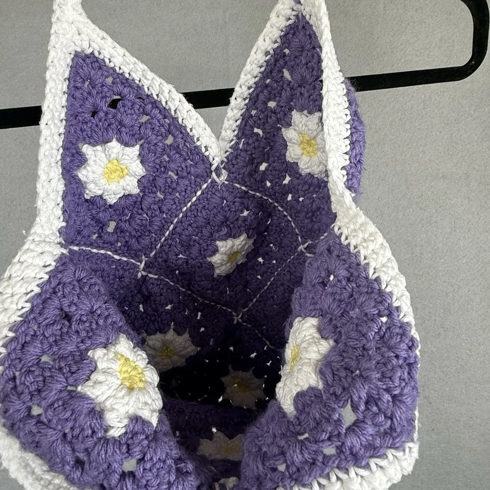 Crochet Top Handle Bag Handmade Granny Square Medium Tote Purse Purple Flower